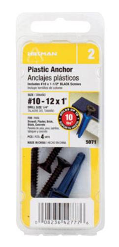 Hillman 5068 Plastic Anchors With Screws, 10 - 12 x 1", 10 Lb, 4/Pack