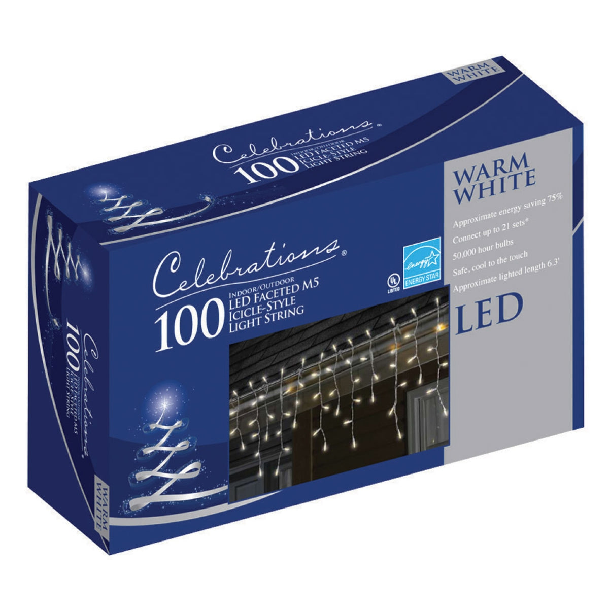 Celebrations 47756-71 M5 LED Icicle Light Set, 6.3', 100 Warm White Lights
