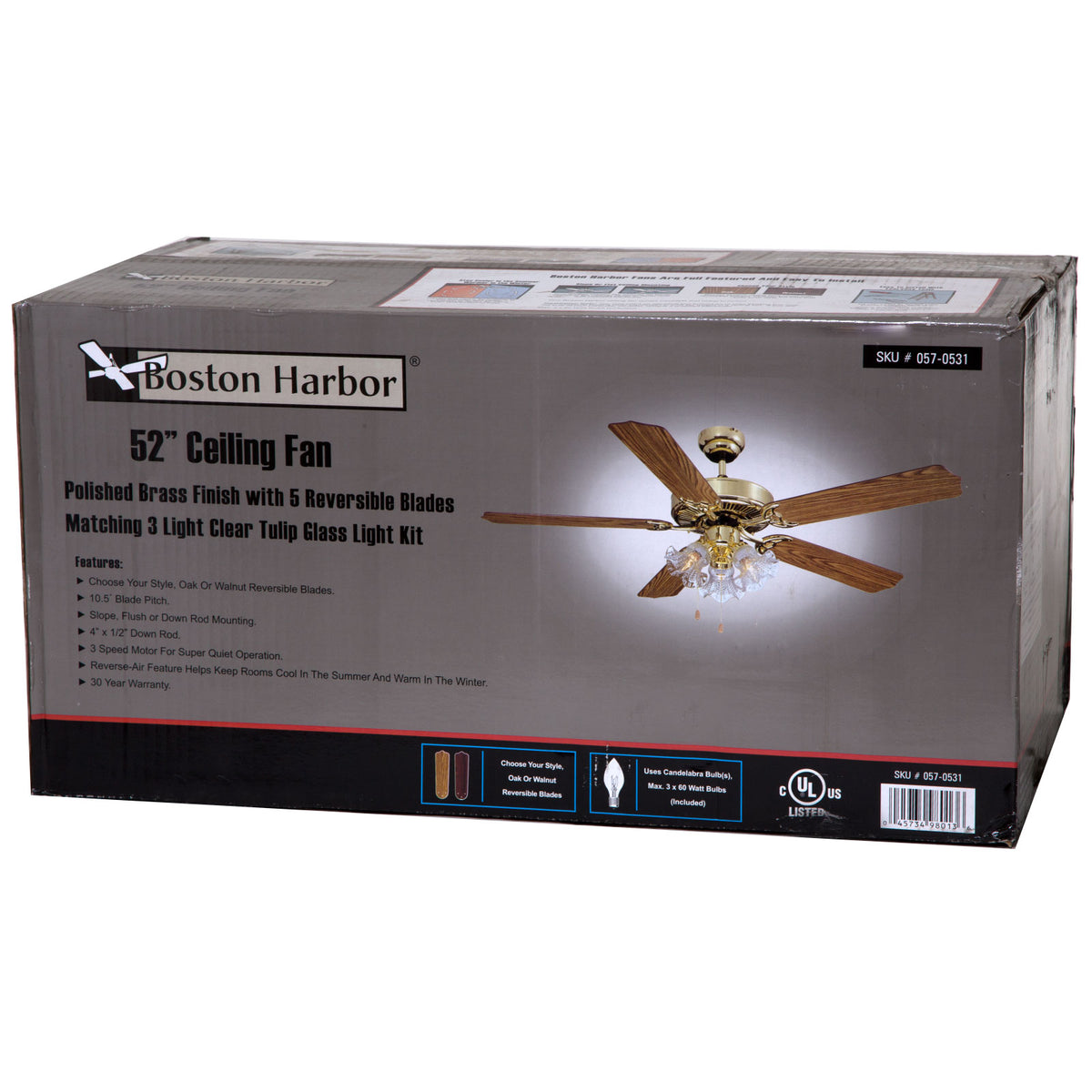Boston Harbor CF-78021L Three Light Ceiling Fan, 52", Polished Brass