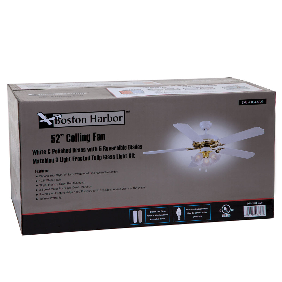 Boston Harbor CF-78025L Three Light Dual Mount Ceiling Fan, 52", White