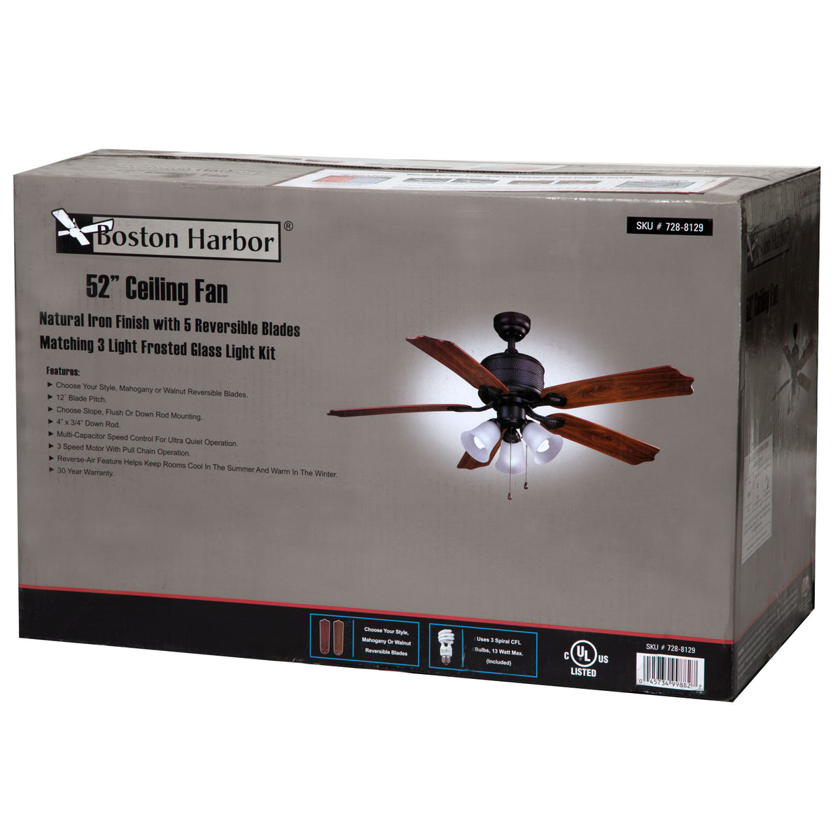 Boston Harbor AC362+3L-NI-3L Three Light Ceiling Fan, Natural Iron