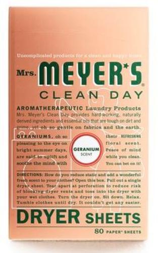 Mrs Meyers Clean Day 14348 Dryer Sheets, Geranium Scent, 80 Count.