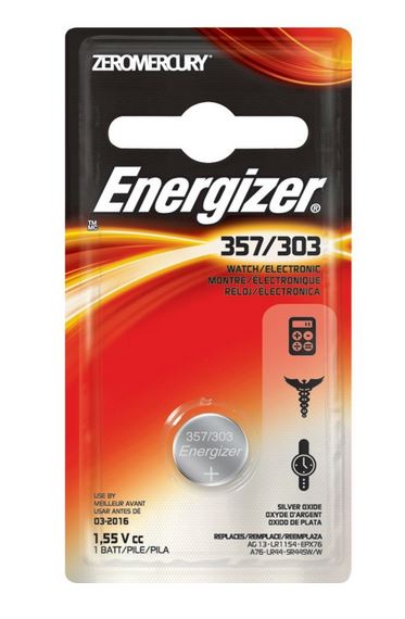 Energizer 357BPZ Watch/Calculator Battery, Button Cell, No Mercury, 1.55 Volt