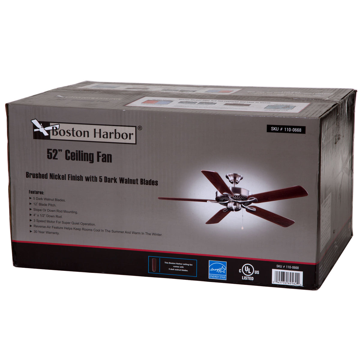 Boston Harbor YG314-ES-EN-BN Ceiling Fan, 52", Brushed Nickel