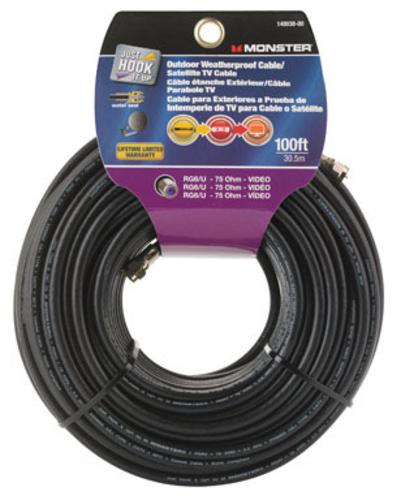 Monster 140038-00 Weatherproof RG6 Video Coaxial Cable, 100' Card, Black