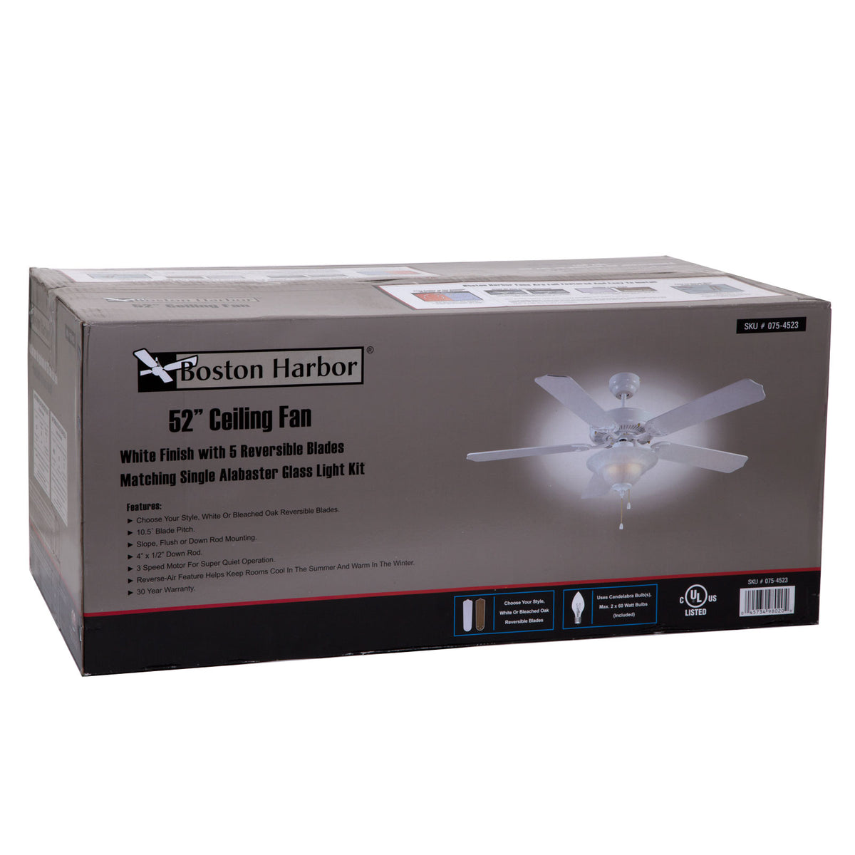 Boston Harbor CF-B-552+1F242WH Ceiling Fan, 52", White