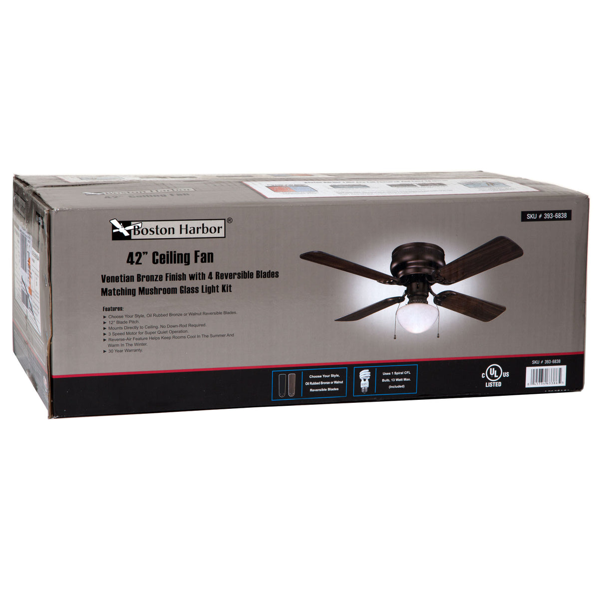 Boston Harbor CF-78125-ORB Hugger Ceiling Fan, 42", Venetian Bronze