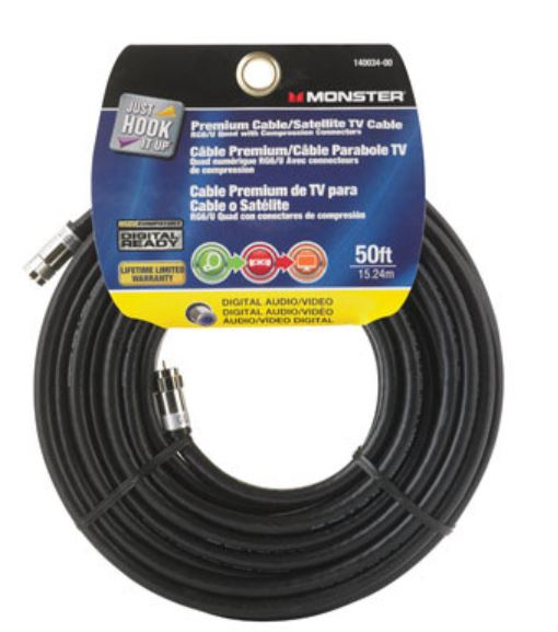 Monster 140034-00 Rg6 Quad Video Coaxial Cable, 50', 70 Ohm, Black