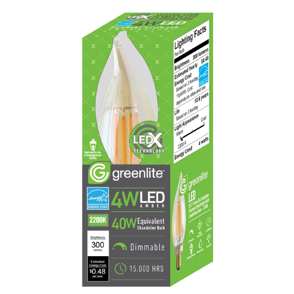 Greenlite 48851 C10 E12 (Candelabra) LED Flame Bulb