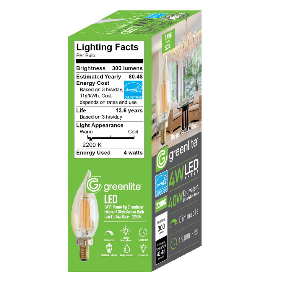 Greenlite 48851 C10 E12 (Candelabra) LED Flame Bulb