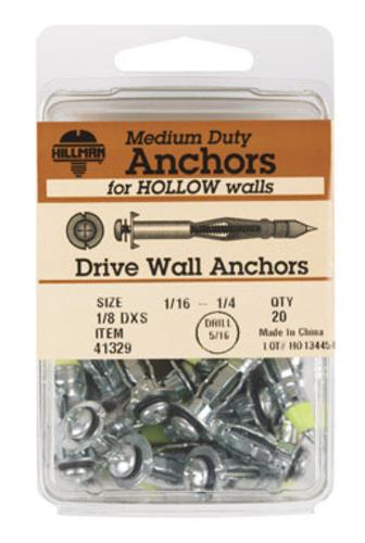 Hillman 41329 Drive Wall Anchors, 1/8 D XS 60 Lb, 20/Card