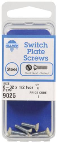 Hillman 9025 Switch Plate Screws, Slotted, 6 - 32 x 1/2"L, Card 4