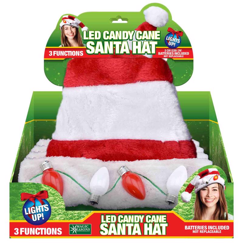 Magic Seasons 768171 Candy Cane Santa LED Hat, Plush, Red/White