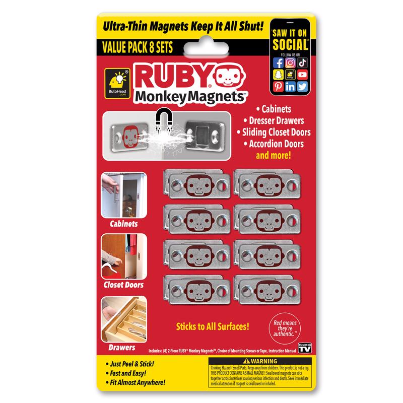 BulbHead 16562-8 Ruby Monkey Magnet Door & Drawer Closures, Red/Silver