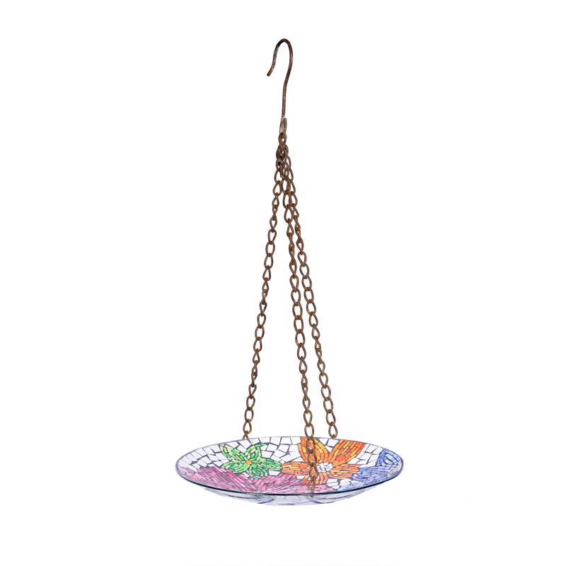 Alpine HMD214 Mosaic Floral Hanging Birdbath, Multicolored, Glass