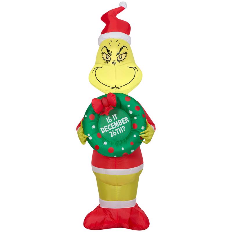 Gemmy 116021 Airblown LED Grinch Holding Inflatable Christmas Wreath, 4 Feet
