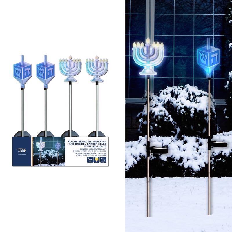 Alpine SKY458ABB Iridescent Menorah/Dreidel Stake Christmas Pathway Decor