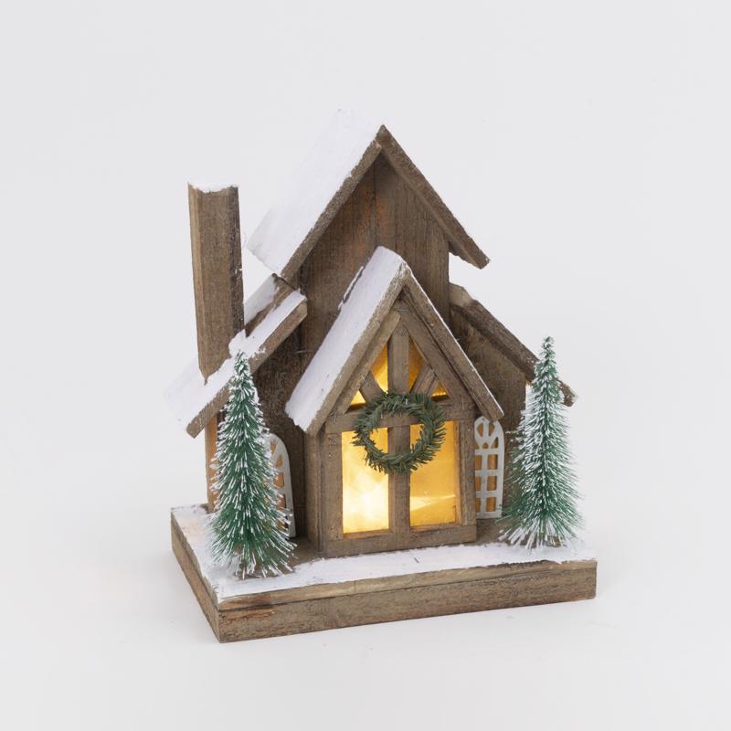 Gerson 2696570 Lighted Wood House with Trees Table Decor, 14 inches