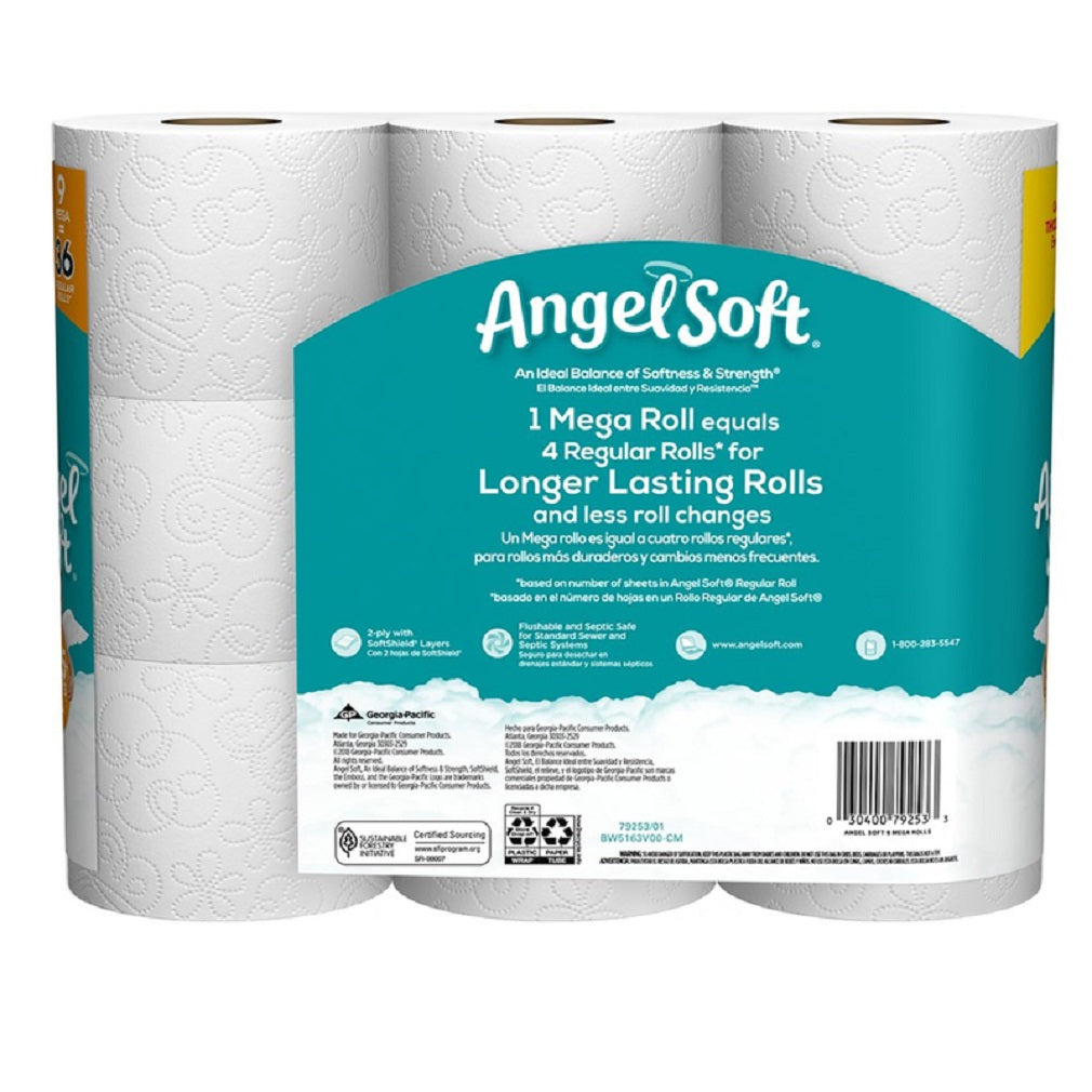 Angel Soft 79253 Toilet Paper, White, 9 Rolls