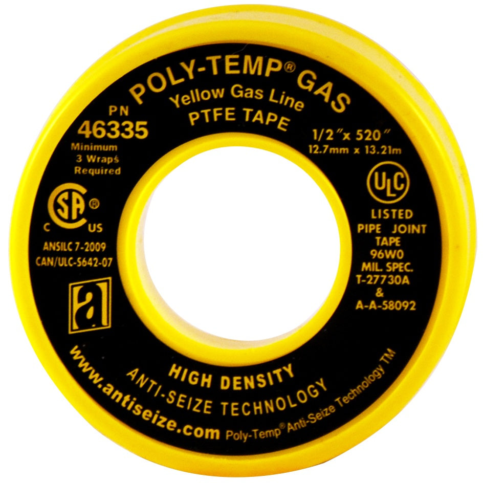 Anti-Seize Technology 46335 Poly-Temp Gas Line PTFE Tape, Yellow, 1/2" X 520"