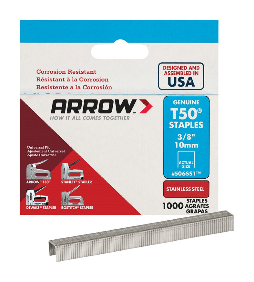 Arrow Fastener 506SS1 Flat Crown T50 Heavy Duty Staples, Stainless Steel, 1000 piece