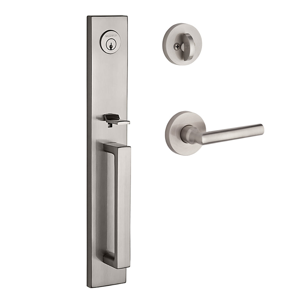 Baldwin Santa Cruz Tube Lever with Contemporary Round Rose, Satin Nickel