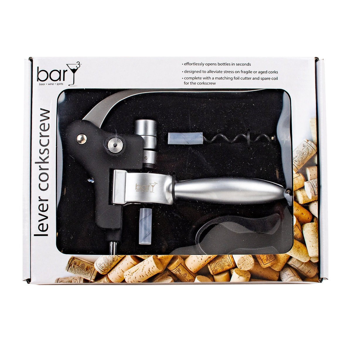 BarY3 BAR-0753 Lever Corkscrew Set, Black/Silver, Stainless Steel
