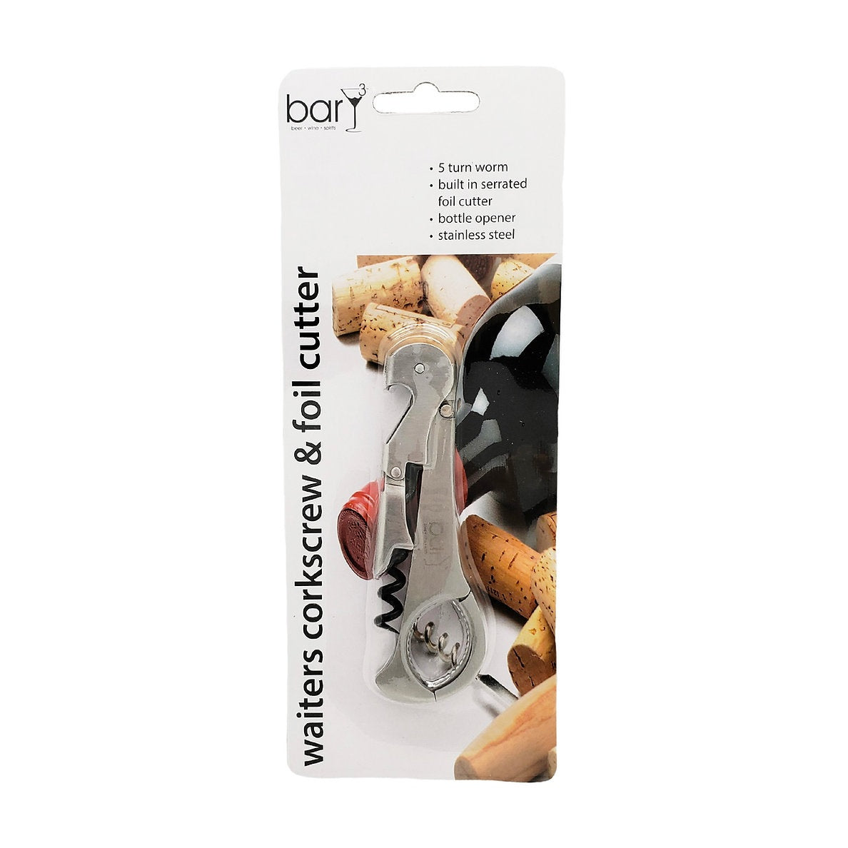 BarY3 BAR-0142 Waiter's Corkscrew With Foil Cutter, Stainless Steel