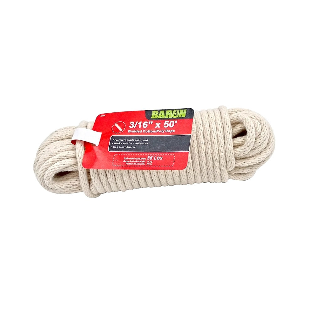 Baron 42605 Braided Sash Cord, 3/16 inch x 50 Feet, White