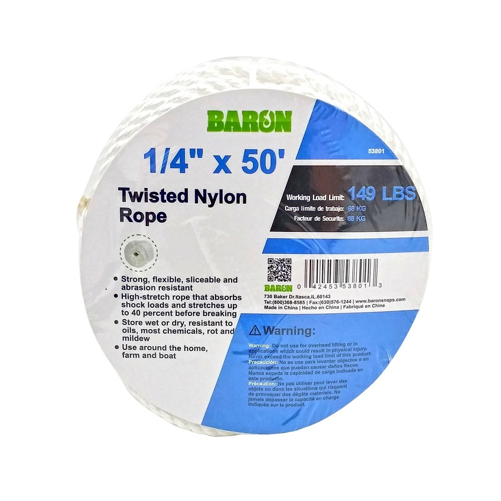 Baron 53801 Twisted Nylon Rope, White, 1/4 Inch x 50 Feet