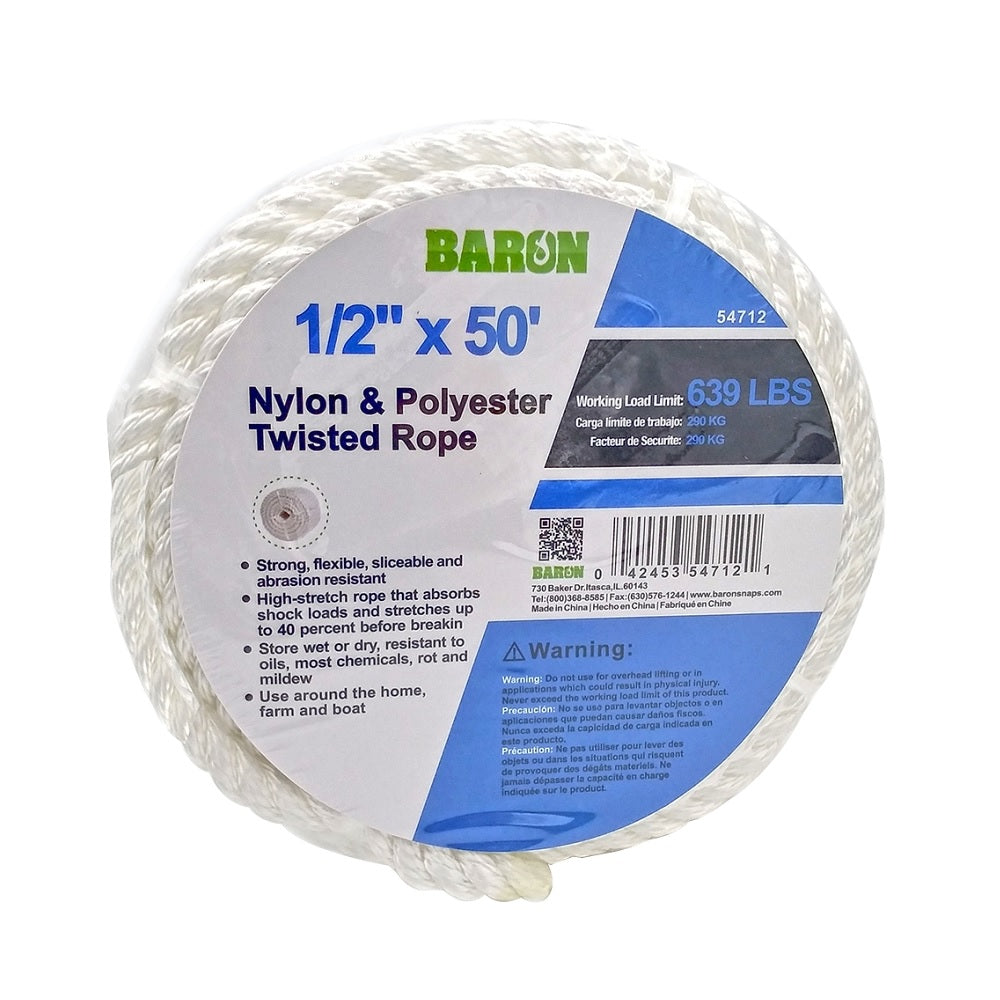 Baron 54712 Twisted Nylon Rope, White, 1/2 Inch x 50 Feet — LIfe and Home