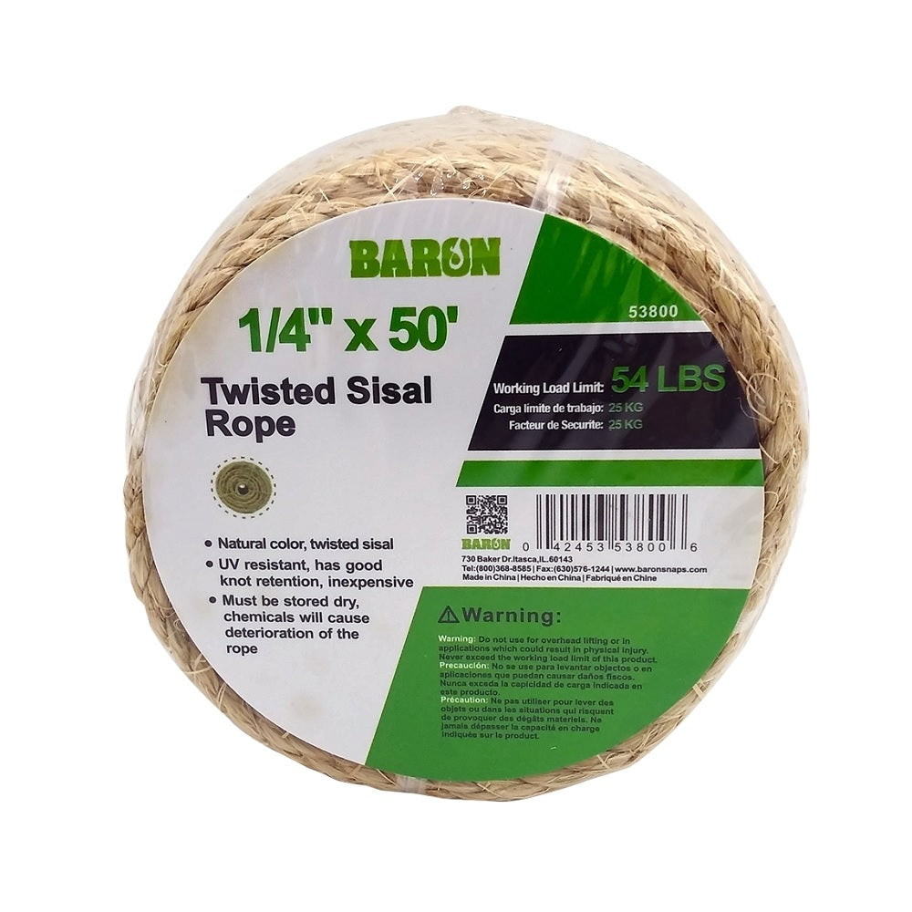 Baron 53800 Twisted Sisal Rope, 1/4 Inch x 50 Feet