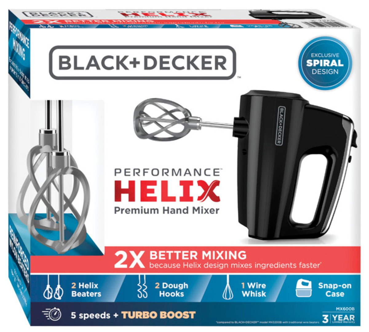 Black+Decker MX600B-T Helix Performance Hand Mixer, 250 Watts, 120 Volts