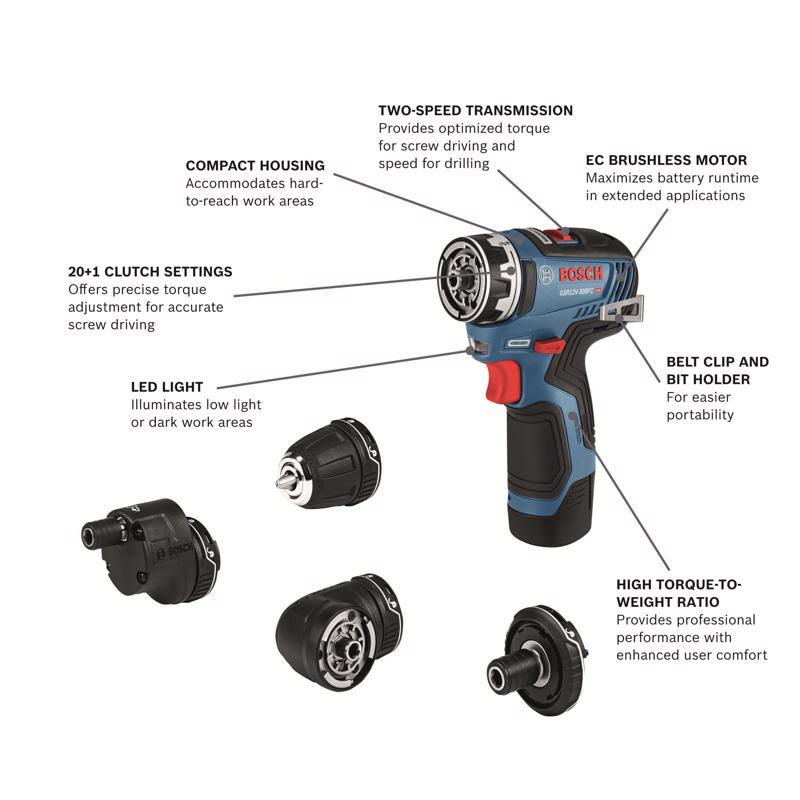 Bosch GSR12V-300FCB22 Chameleon Cordless 5-In-1 Drill, 12 V