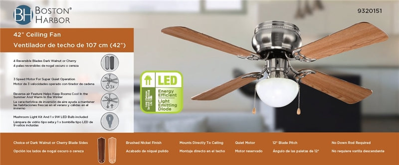 Boston Harbor 42-742T-MR-EN-BN Ceiling Fan, Brushed Nickel, 42"