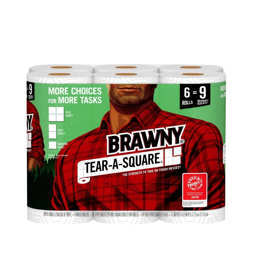 Brawny 44276 Tear-A-Square Paper Towels, White, 6 Giant Rolls