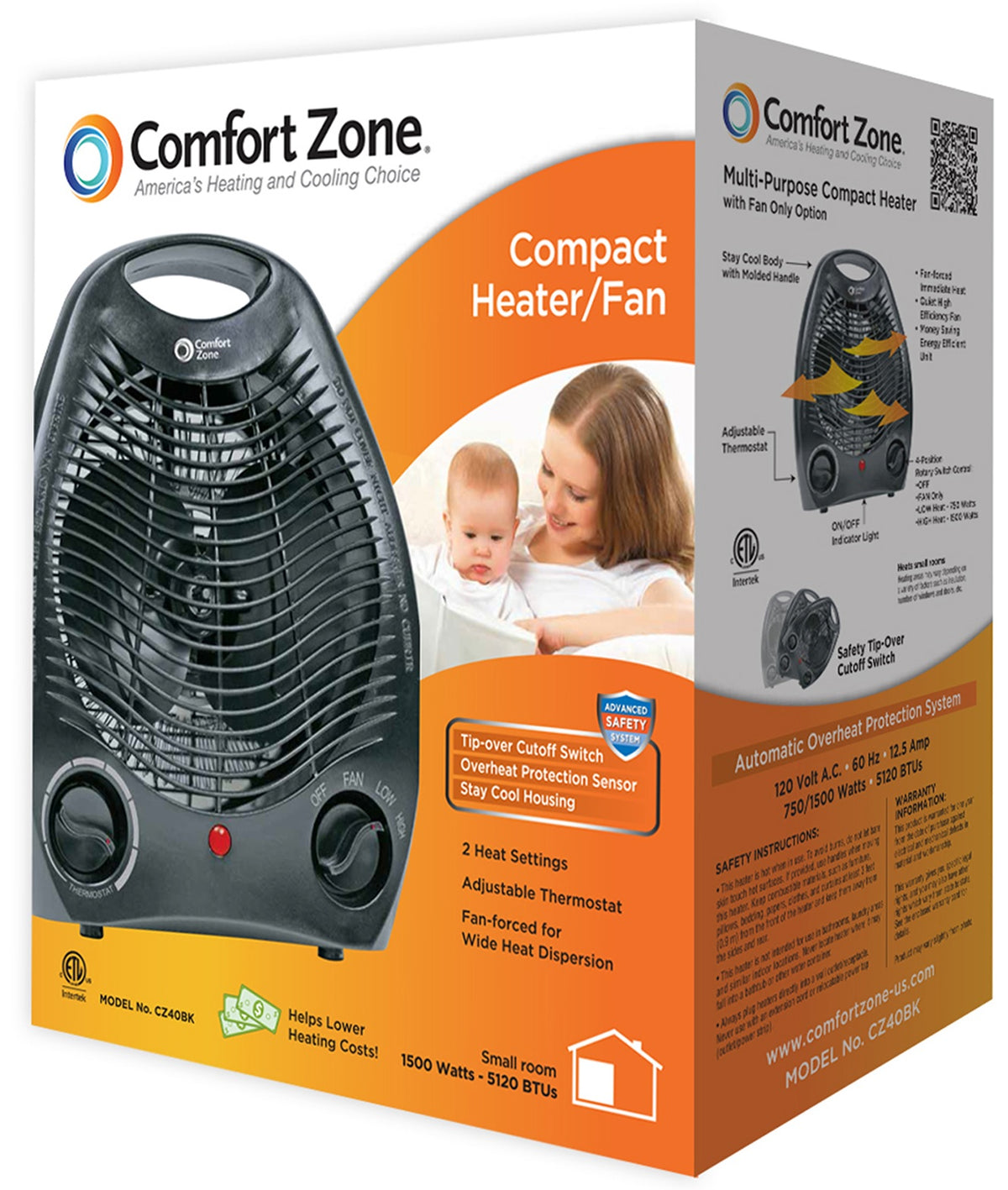 Comfort Zone CZ40BK Personal Fan Forced Heater, Black