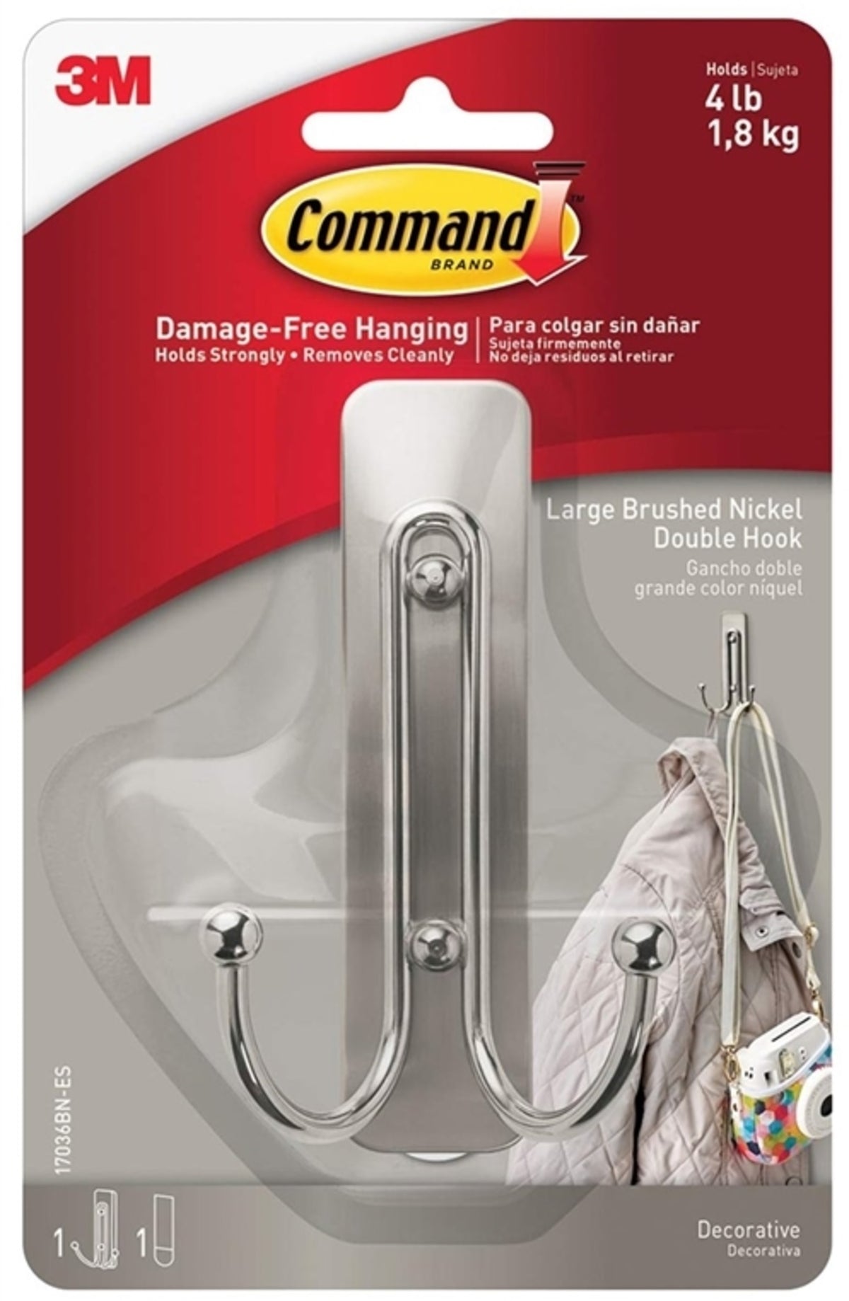 Command 17036BN-ES Double Hook, Brushed Nickel