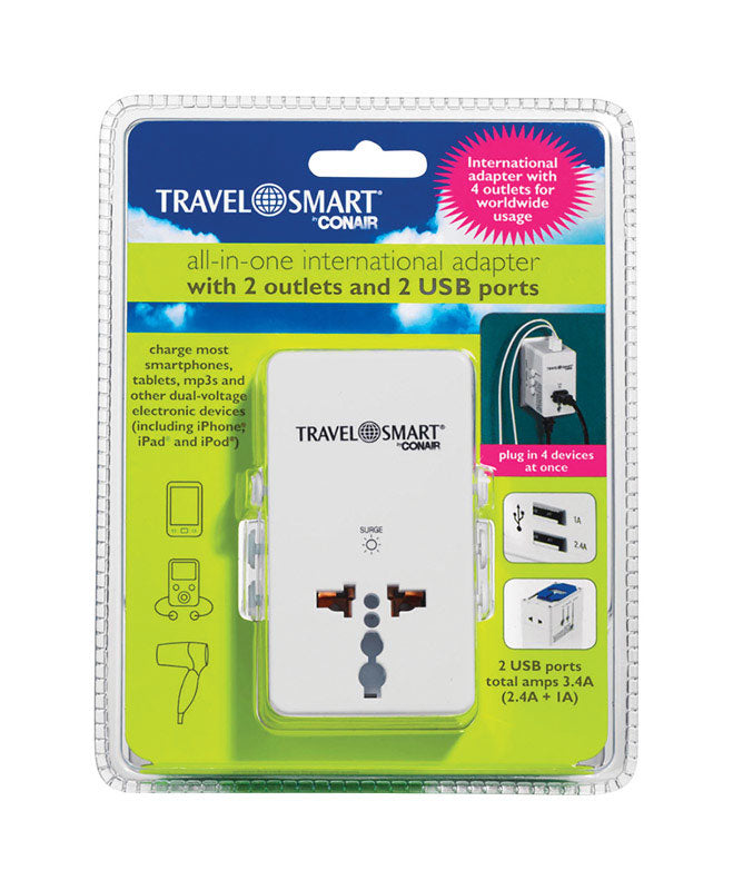 Conair TS240AP Travel Smart Adapter Plug With USB Port, Plastic, White