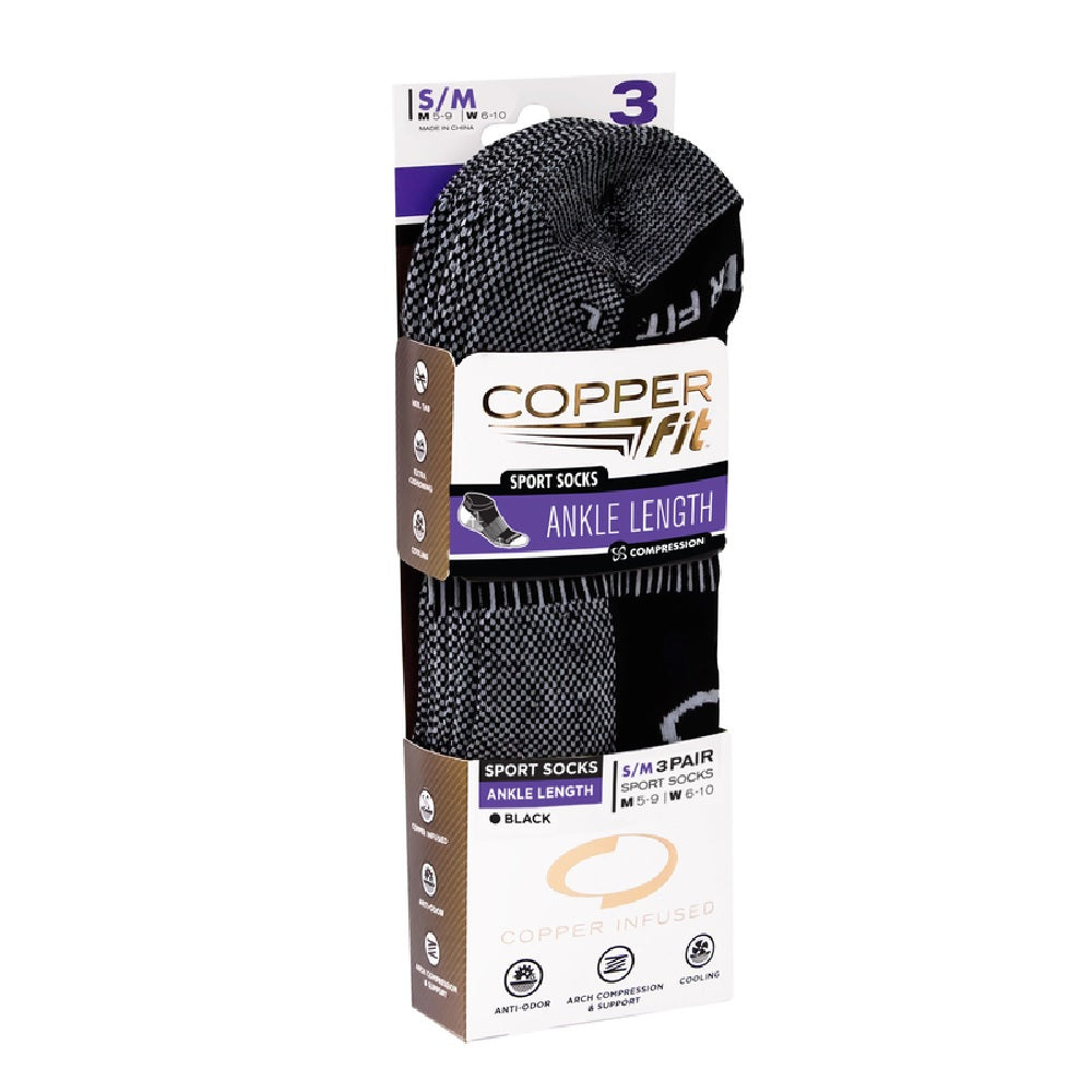 Copper Fit CFSSBKSM Unisex Sport Ankle Socks, Black