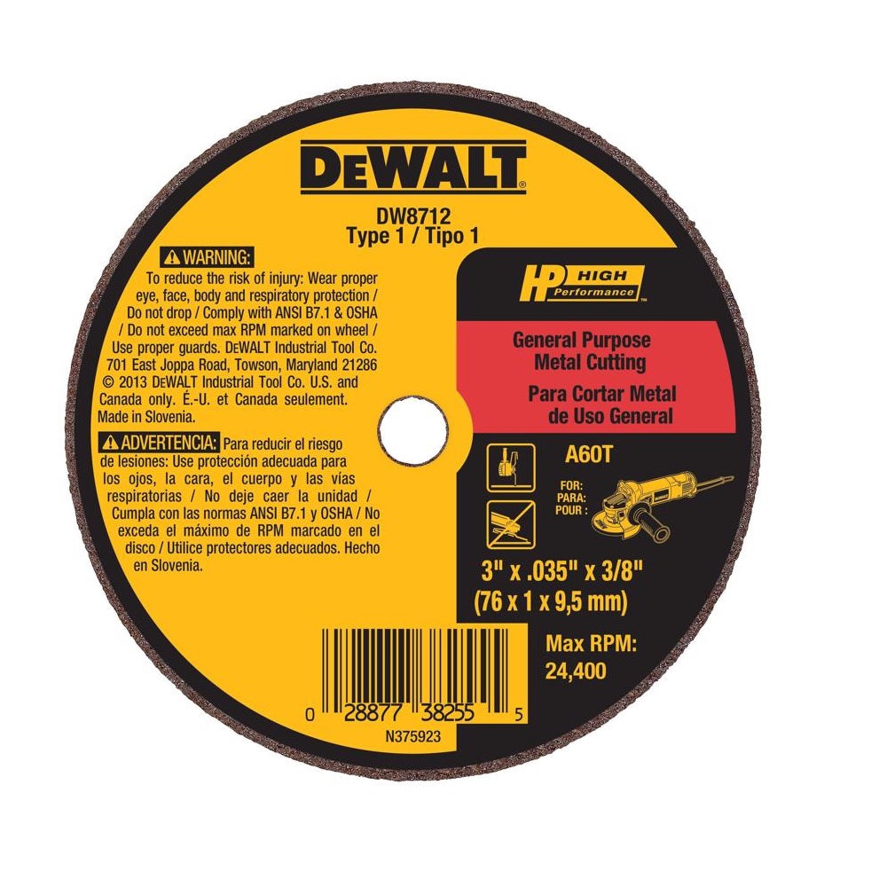 DeWalt DW8712 HP Abrasive Cut-Off Wheel, 3 Inch x 3/8 Inch
