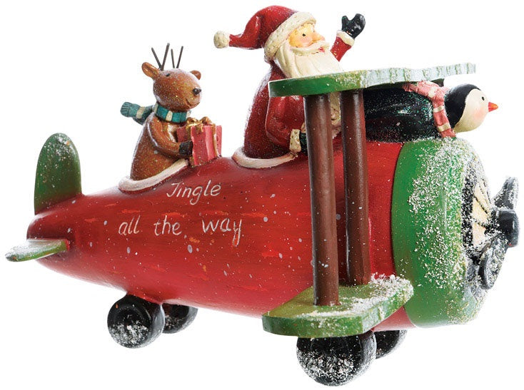 Decoris 957366 Christmas Decoration Airplane With Santa, Red