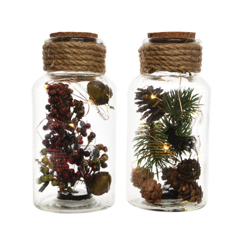 Decoris 955734 Christmas LED Jar With Pinecones/Berries, Glass, Brown