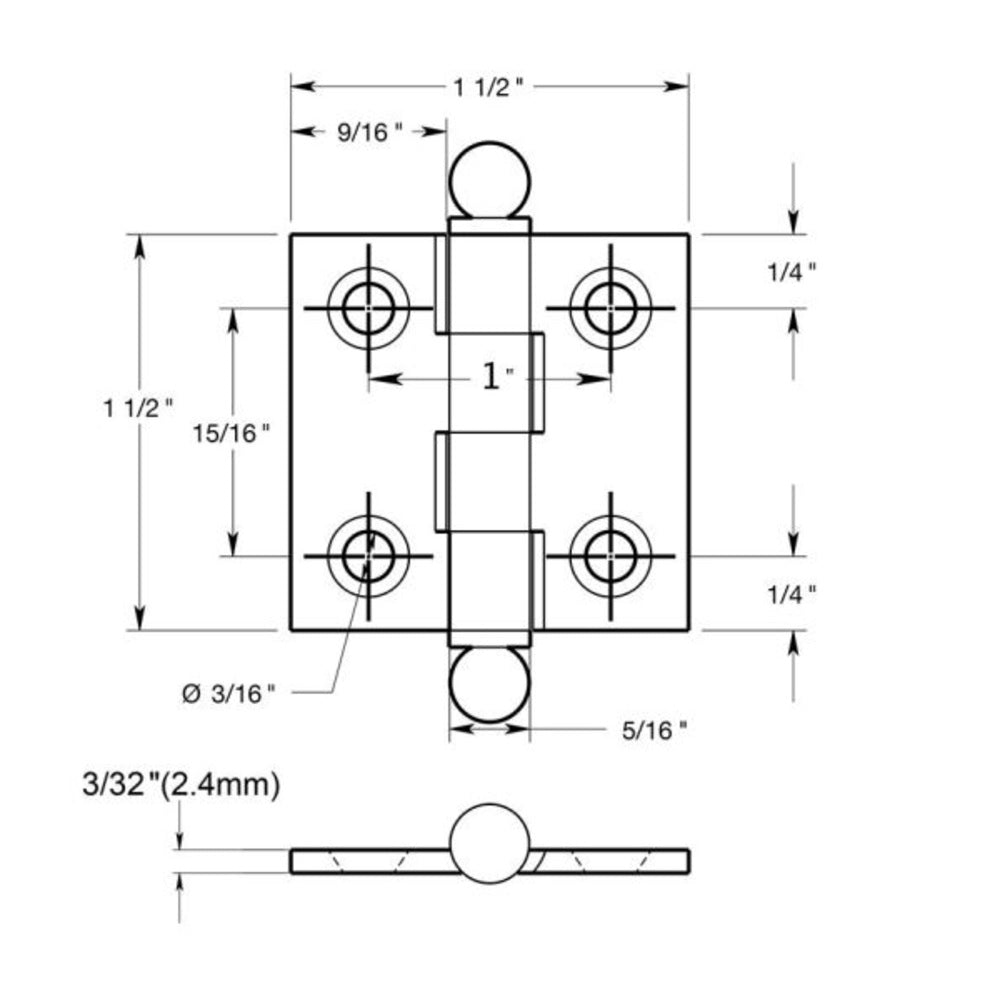 Deltana CH1515CR003 Cabinet Hinge With Ball Tips, Lifetime Brass