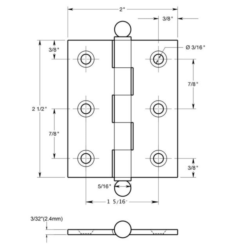 Deltana CH2520U3 Cabinet Hinge With Ball Tips, Bright Brass