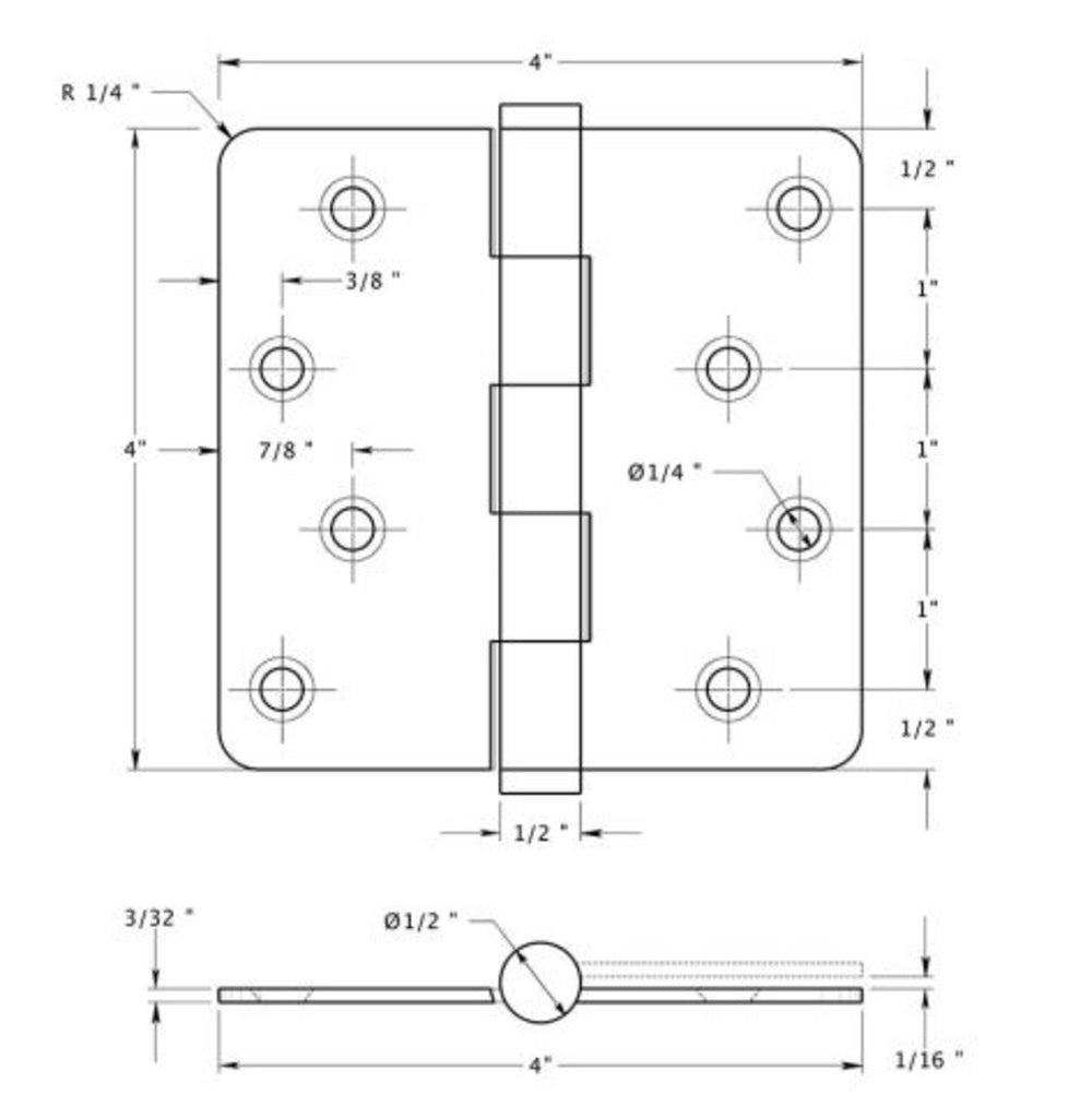 Deltana CSB44R4-RZ Full Mortise Radius Hinge, Lifetime Brass