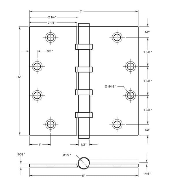 Deltana DSB55B3-UNL Square Ball Bearing Hinge, Unlacquered Bright Brass