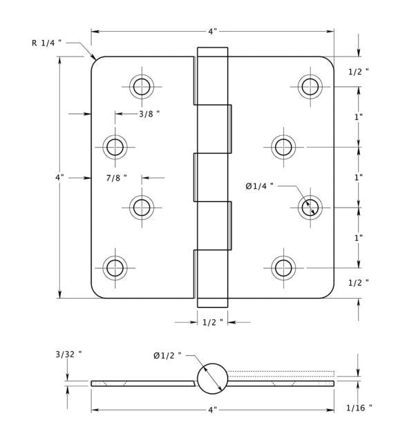 Deltana DSB4R45-RZ Full Mortise Radius Hinge, Antique Brass