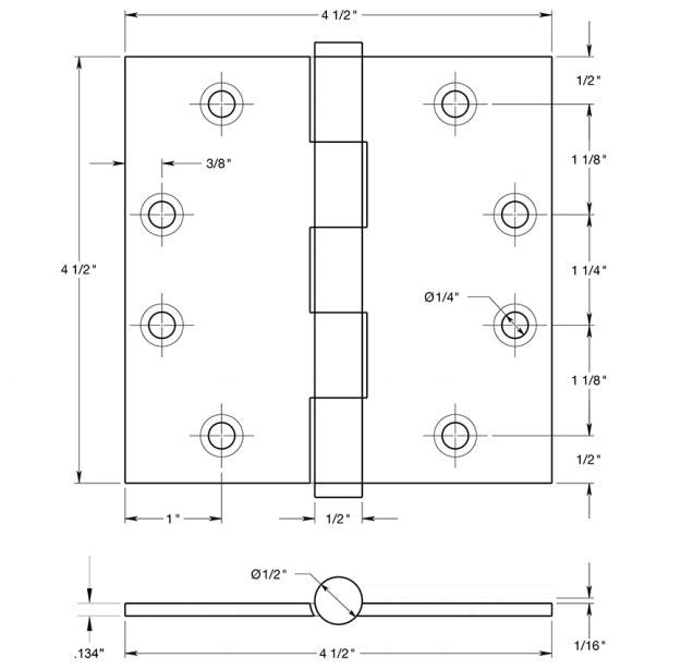 Deltana DSB453 Square Hinge, Bright Brass