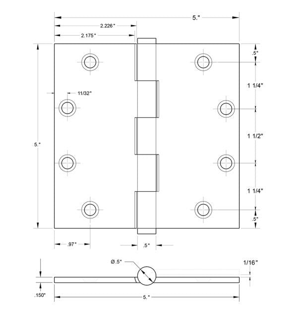 Deltana DSB5514 Square Hinge, Bright Nickel